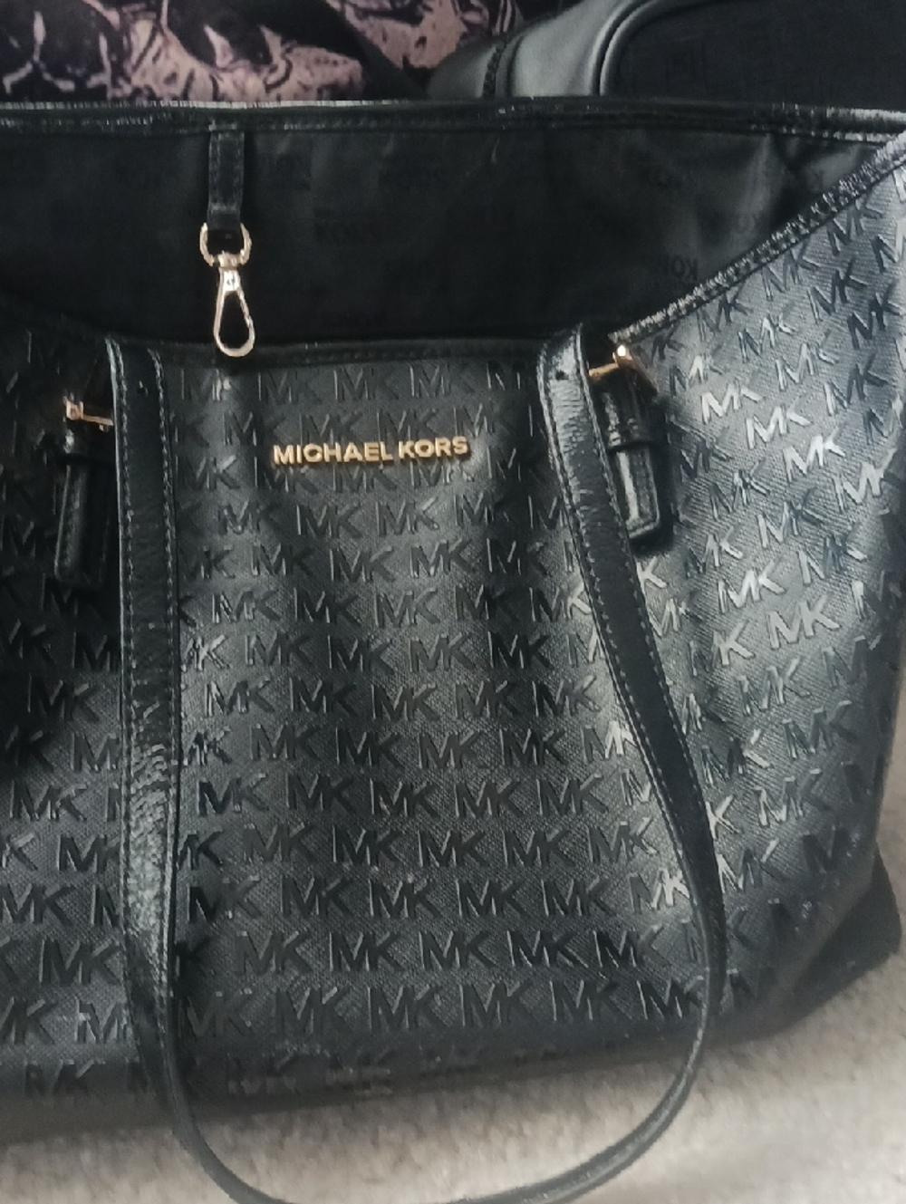 Michael Kors Black Embossed Logo Tote with Gold Hardware